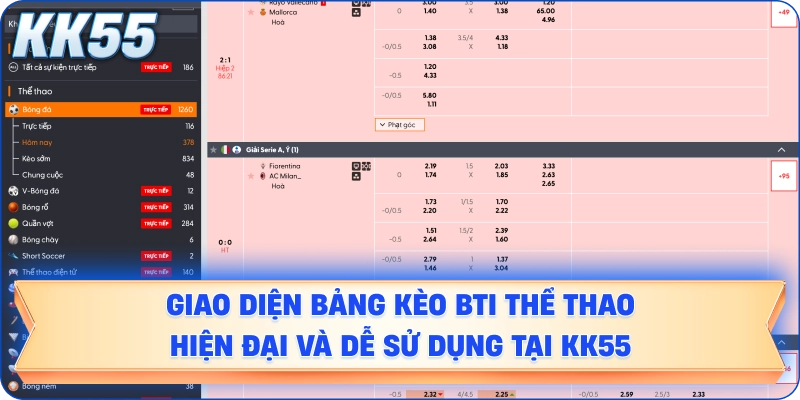 Giao diện bảng kèo BTI THỂ THAO hiện đại và dễ sử dụng tại KK55.